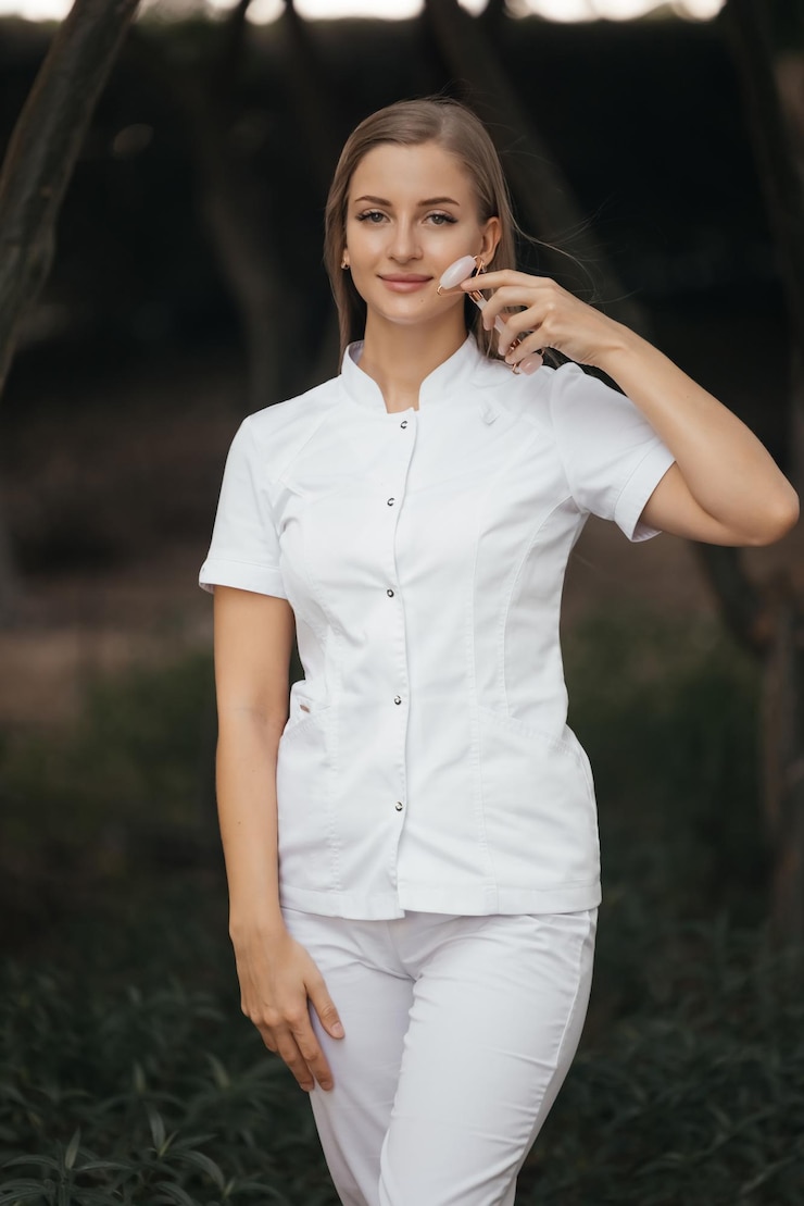Photo 白い制服を着た女性が木の前に立ち、白いスクラブを着ています。