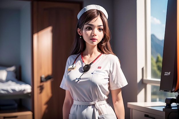 A woman in a white uniform stands in front of a window.