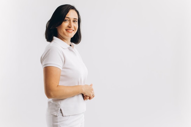 Woman in white uniform on a white background mock up