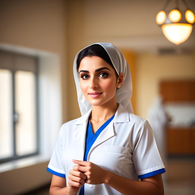 A woman in a white uniform with a blue cap on her head stands in a room with a window and a lamp.