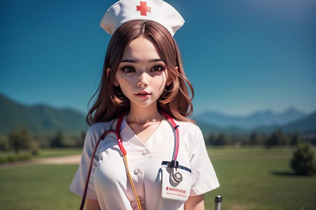 A woman in a white uniform with a red cross on her chest stands in front of a green field.