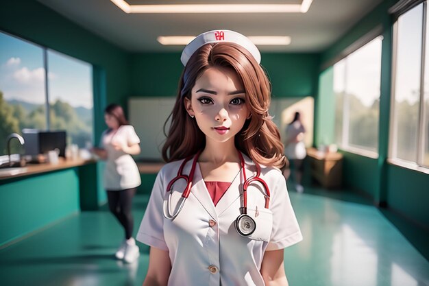 A woman in a white uniform with a red logo that says'i'm a doctor '