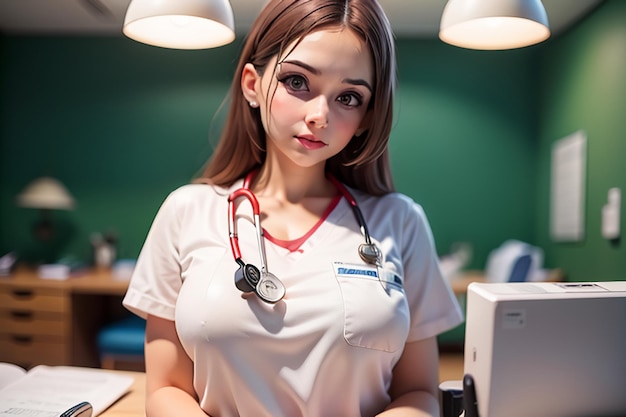 A woman in a white uniform with a stethoscope around her neck stands at a desk in front of a green wall.