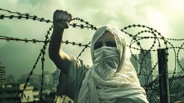 Photo a woman in a white veil and scarf raises a bottle in protest standing defiantly behind a barbed wire barrier