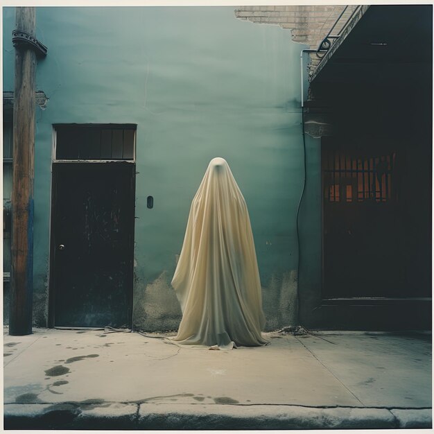 Photo a woman in a white veil stands in front of a building