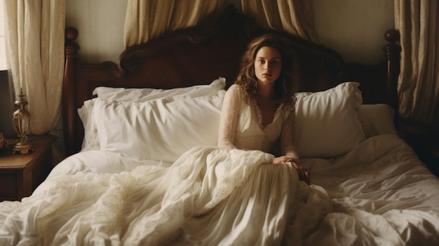 A woman in a white wedding dress sits on a bed