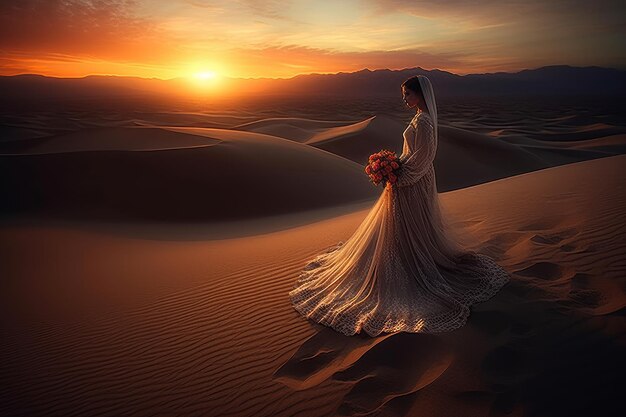 A woman in a white wedding dress stands in the desert with a bouquet of flowers.