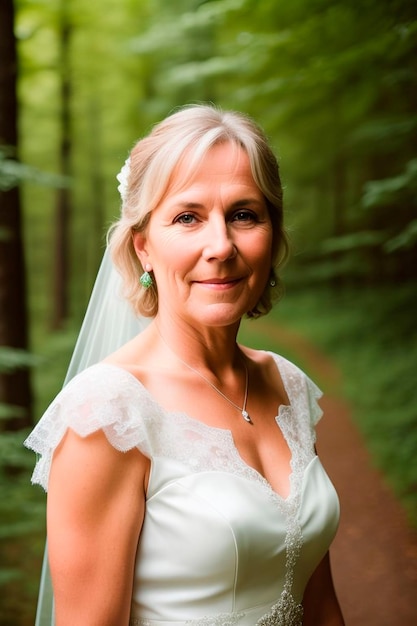 A woman in a white wedding dress stands in a forest