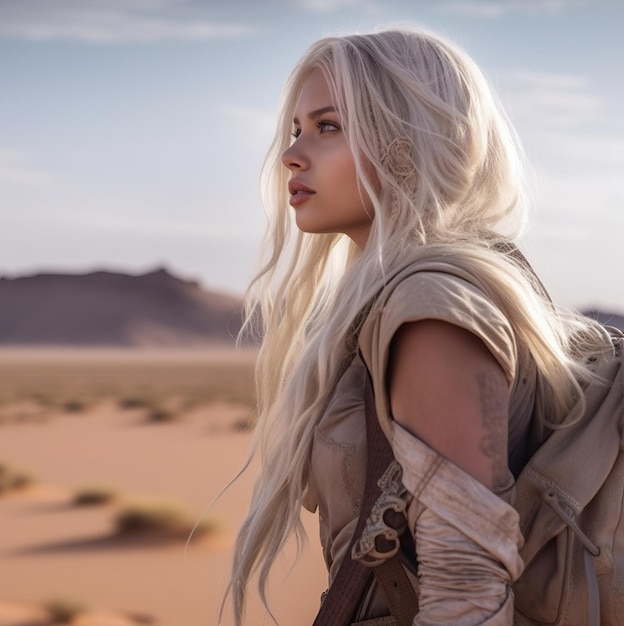 A woman in a white wig and a backpack stands in the desert.