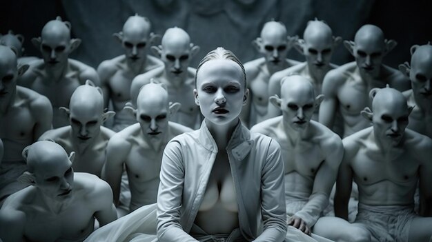 A woman in white with many white aliens Generative AI Art