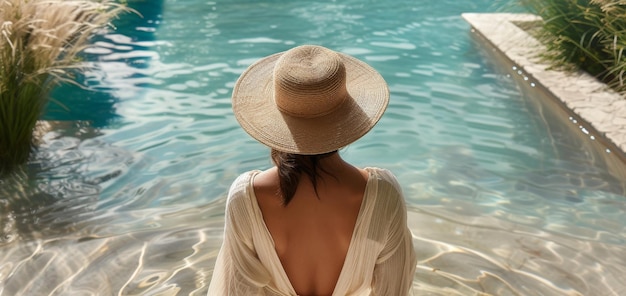 Donna in bianco con un cappello di paglia sulla spiaggia in una piscina