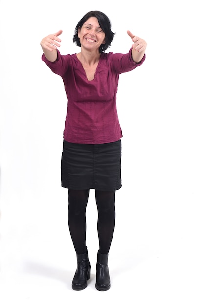 woman who wants to give you a hug on white background