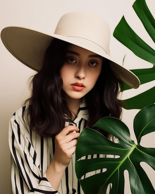 A Woman In A WideBrimmed Hat Holds A Leaf