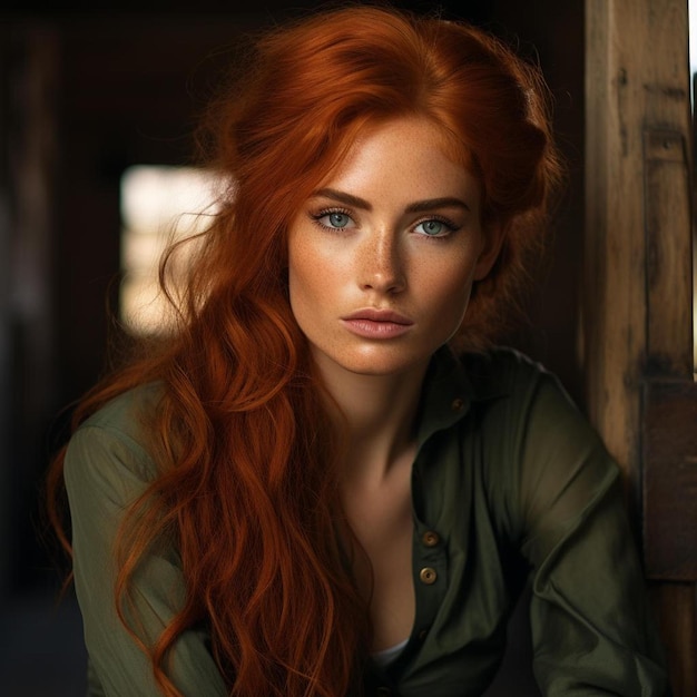 a woman in the wild west she has deep red hair red lipstick green eyes a scar on her face