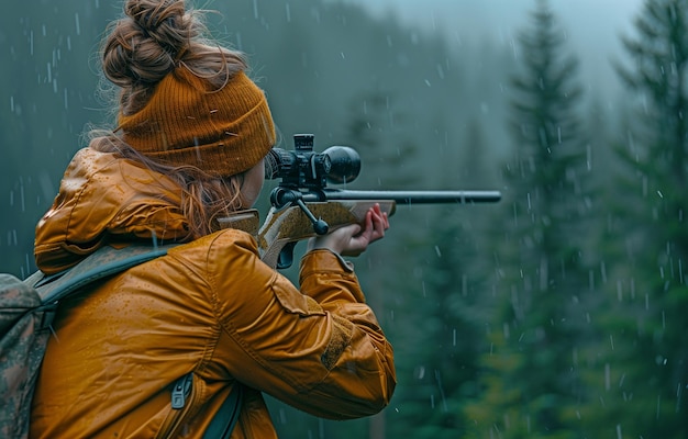 Photo woman in the wilderness shooting a gun