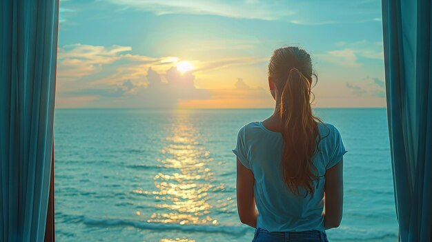 Photo woman at window overlooking endless ocean