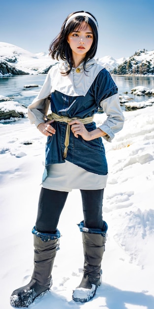 woman in winter clothes in the snow stand in front of rivers and lakes