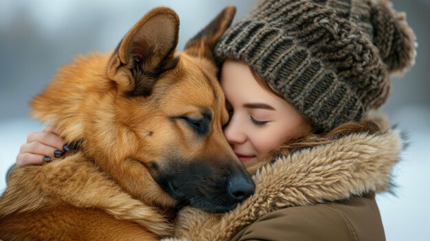 Photo a woman in a winter coat hugging her dog with the snow falling ai