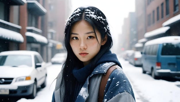 Photo a woman in a winter coat is standing in the snow