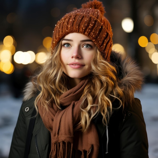A woman in a winter hat and scarf stands on the street and looks at the Christmas lights