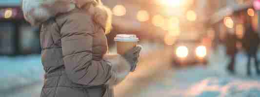 Photo woman in winter jacket holding paper cup of coffee on a street in cold morning light