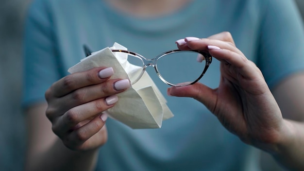 Woman wiping glasses with a napkin