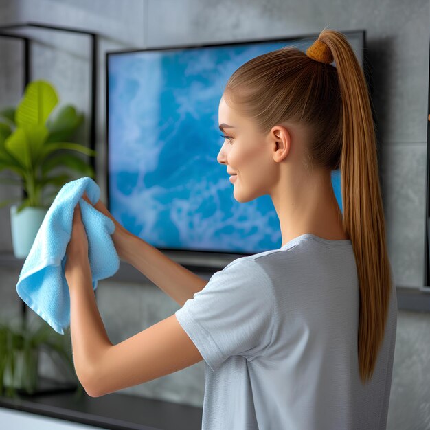 A woman wiping her hair with a blue towel in front of a television screen with a plant in the corner