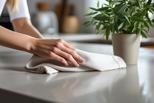 woman wiping her modern kitchen counter with a rag