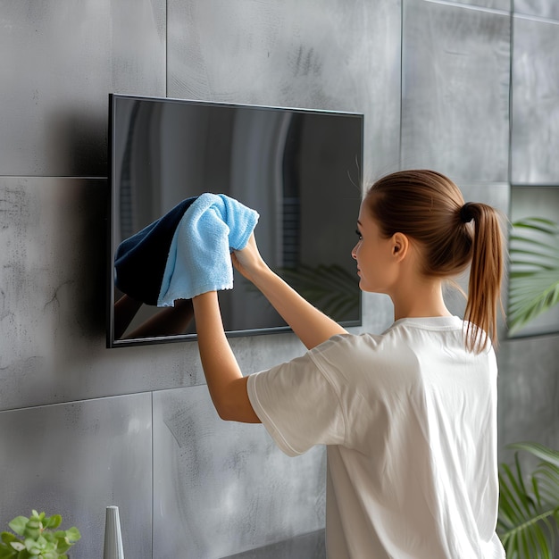 A woman wiping a television screen with a blue towel and a blue rag on