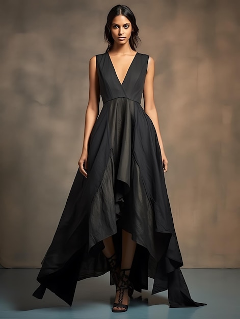 A woman wire a black dress with modeling