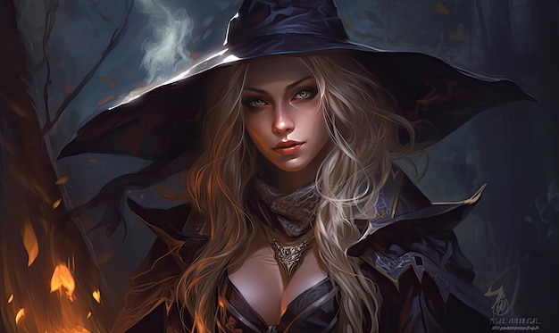 A woman in a witch costume with a hat on