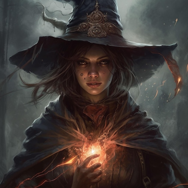 A woman in a witch hat holds a glowing ball in her hands.