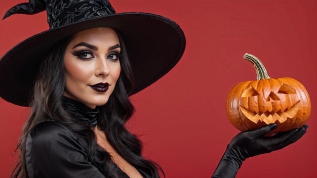 Foto una donna con un cappello da strega tiene una zucca che dice zucche di halloween