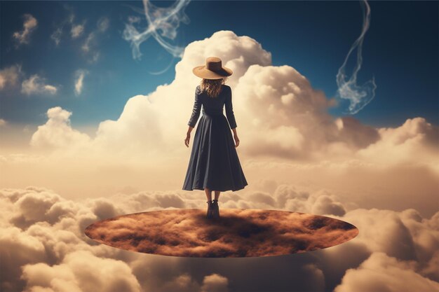 A woman in a witch hat stands on a cloud with the