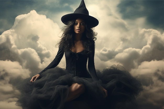 A woman in a witch hat stands on a cloud with the