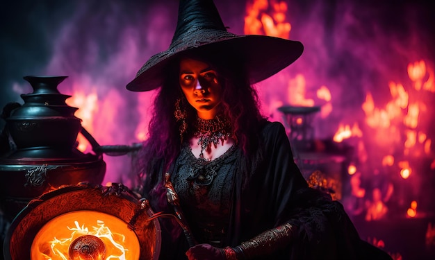 A woman in a witch hat stands in front of a fire with a burning candle.
