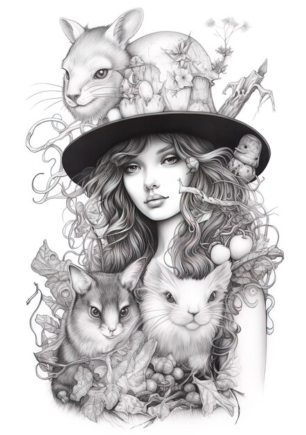 Photo a woman in a witch hat with a cat and a cat on her head.