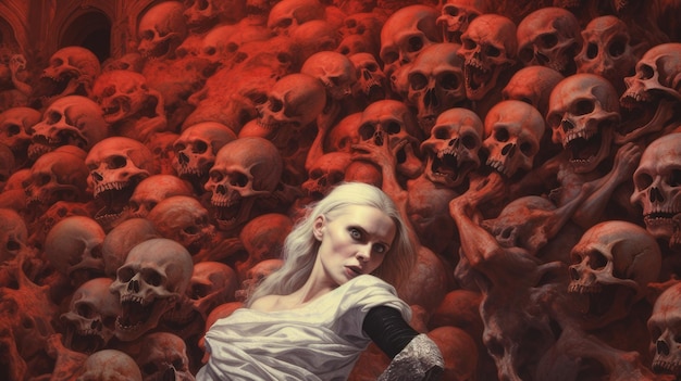 woman witch in hell around skull