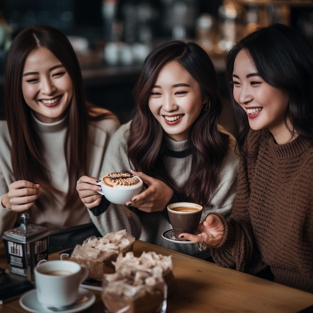 woman with 4 5 friends smiling sitting and drinking coffee Generative AI Illustration