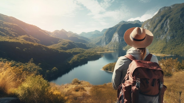 Фото Женщина с шляпой и рюкзаком смотрит на горы и озеро с вершины горы в солнечном свете с видом на горы