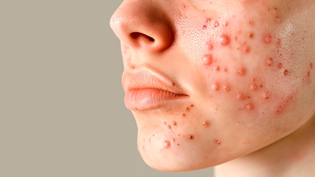 Foto donna con cicatrici di acne cura della pelle concetto di trattamento di bellezza cura della pelle di routine carnagione sana
