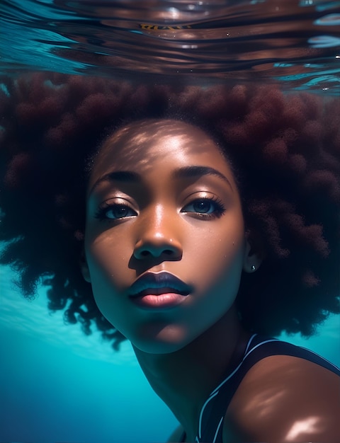 Woman with afro hair swimming