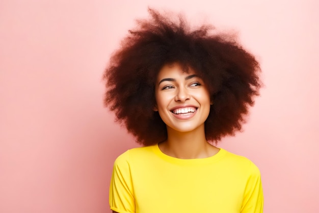 Woman with afro smiling and looking up at the camera Generative AI