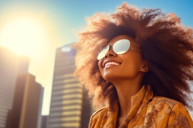 Женщина в афро и солнцезащитных очках улыбается на солнце