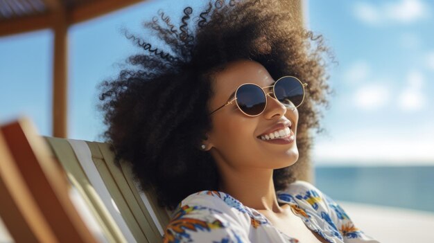 A woman with an afro wearing sunglasses and smiling radiating confidence and style