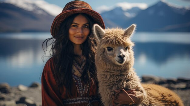 woman with alpaca in the andes south america