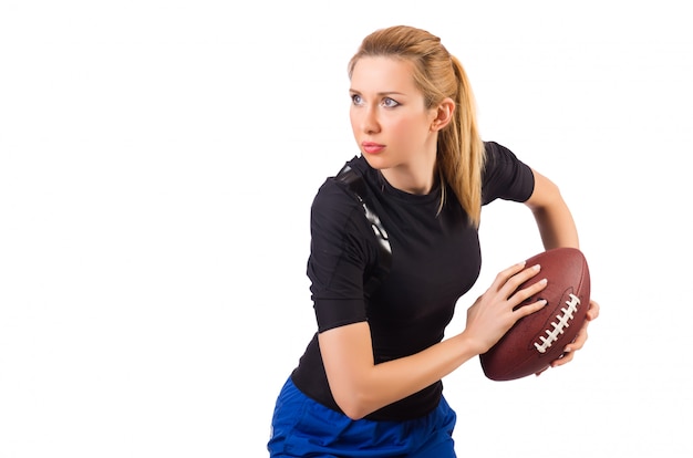 Photo woman with american football isolated on white