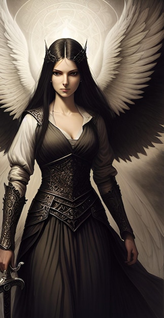 Женщина с ангелом на плече стоит перед картиной женщины с мечом.