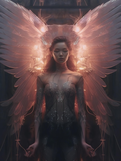 背中に天使の羽を生やした女性が鏡の前に立っています。