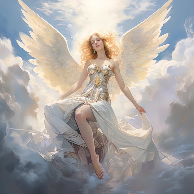 a woman with an angel wings sits in the clouds